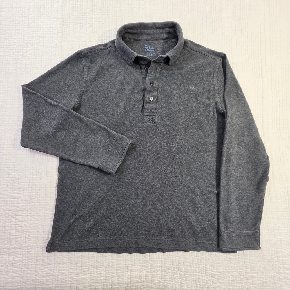 Boden Laundered Wash Mens Long Sleeve Polo Shirt Gray Cotton Size Large EUC 0072